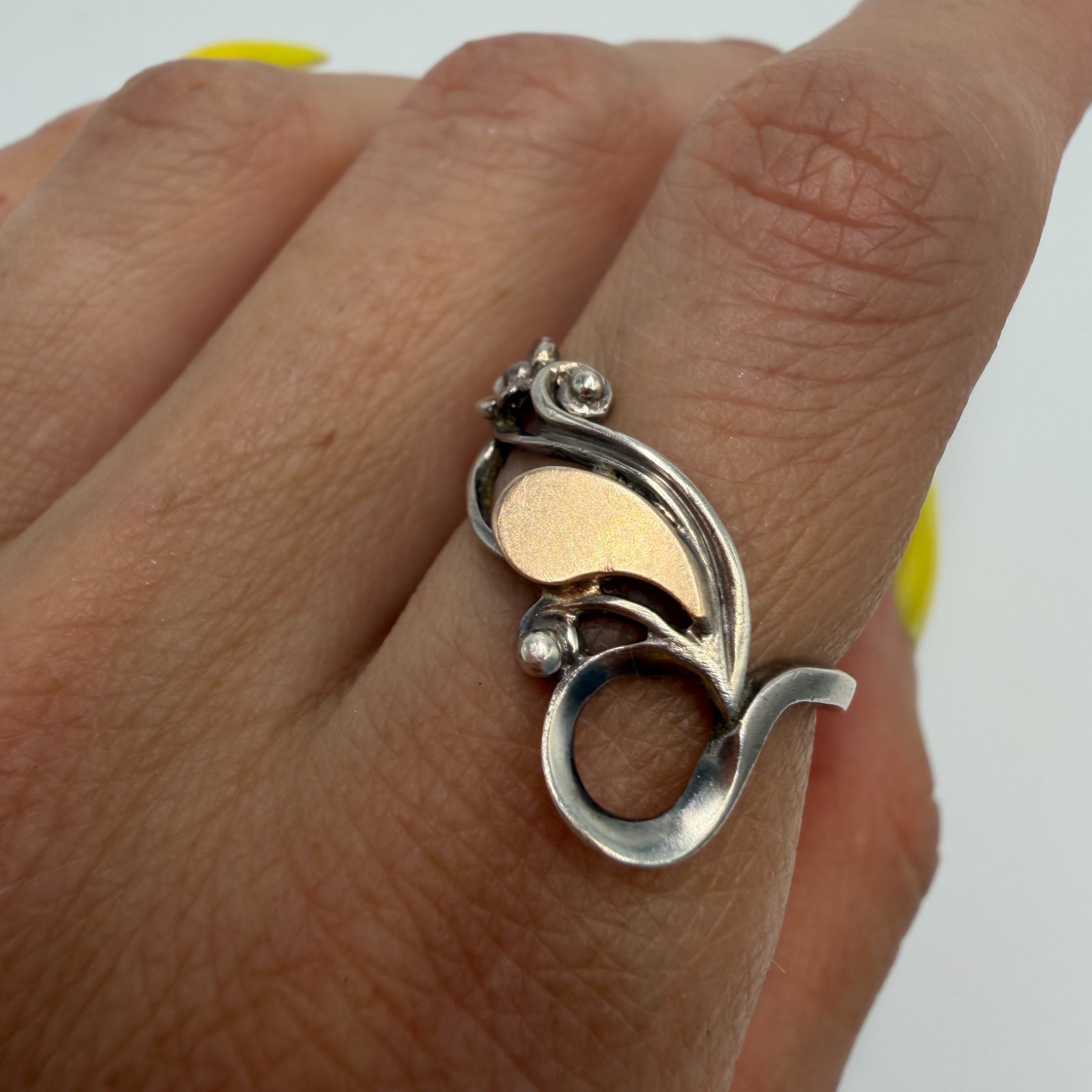 Vintage 875 Sterling Silver 14k Gold 585 Abstract Swirl Ring Women’s Size 7