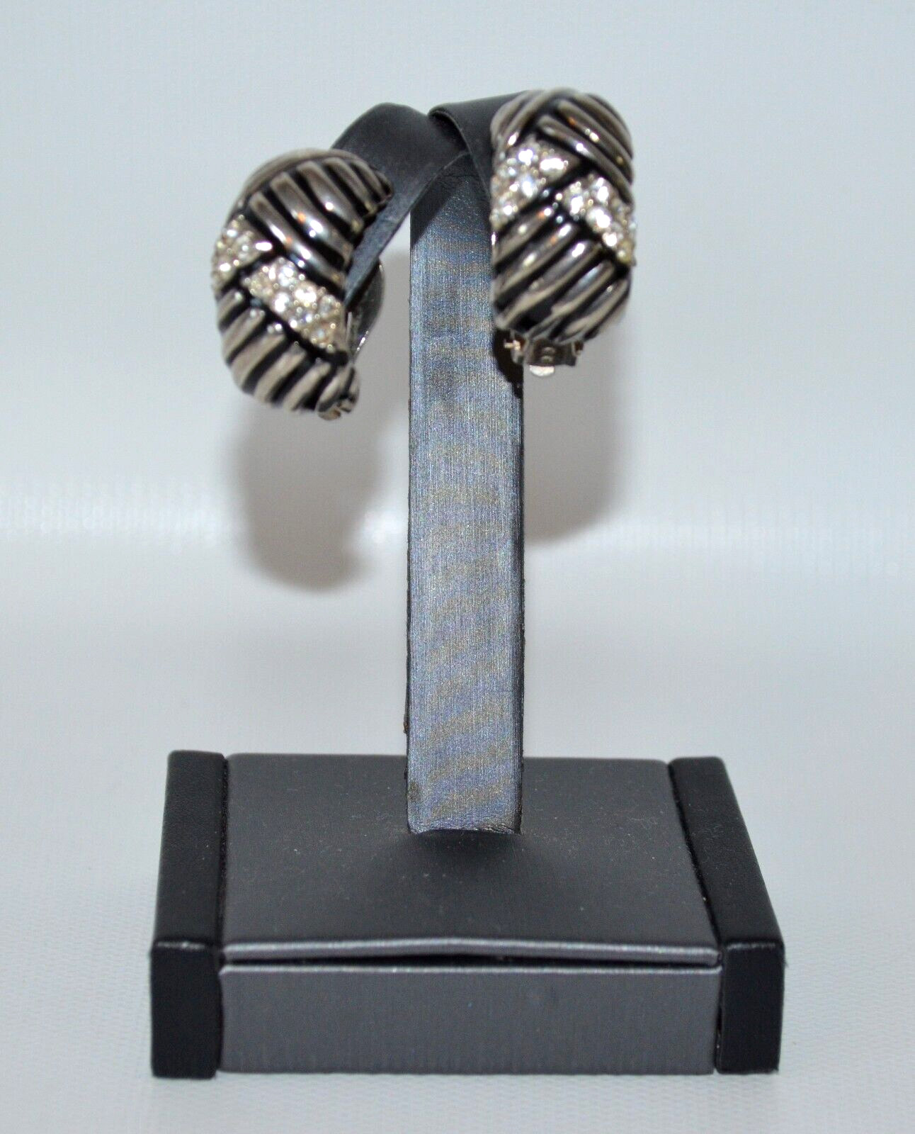 Vintage Silver Tone & Black Clip On Earrings with Clear Rhinestones 1.25″