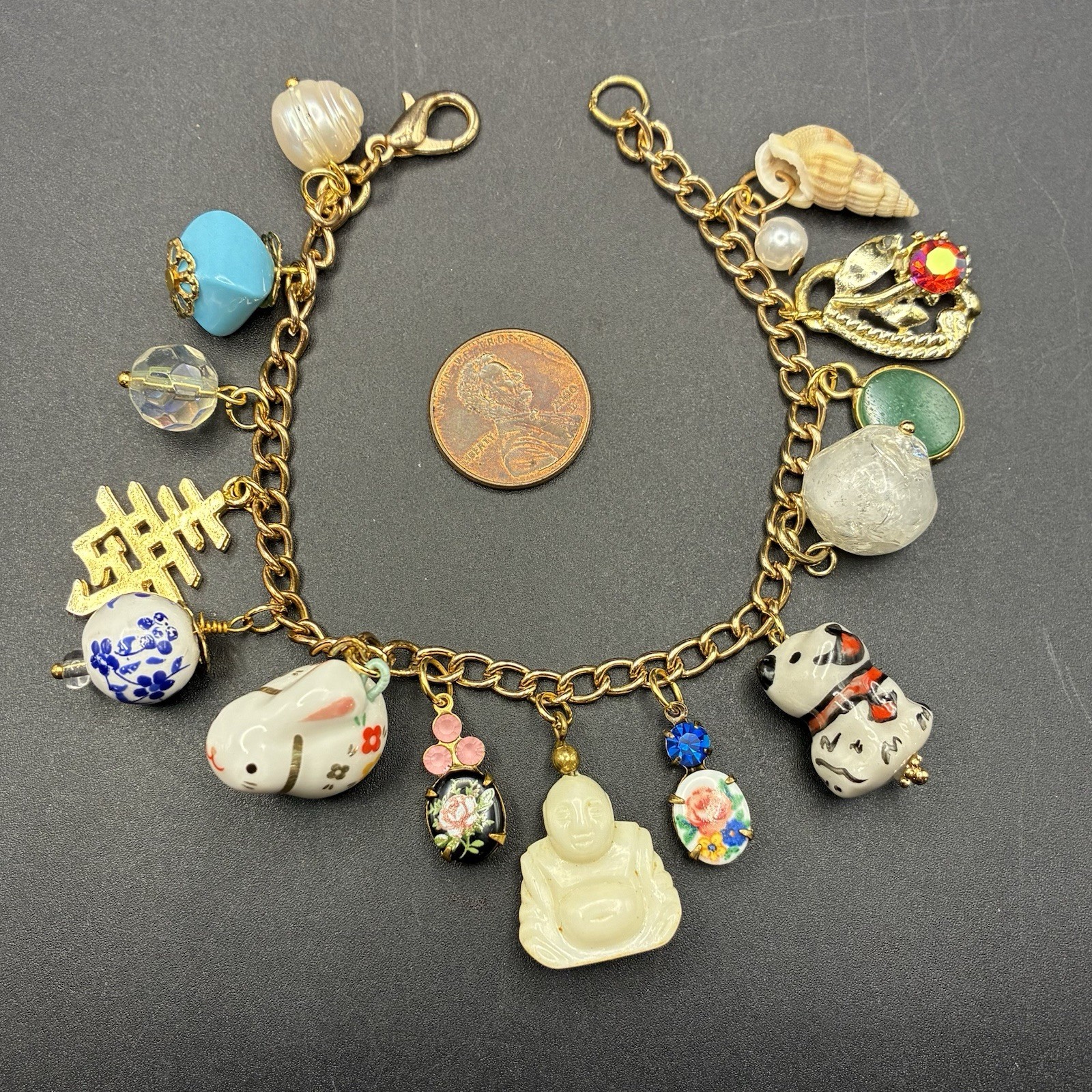 Vintage Eclectic Custom Charm Bracelet + Vtg Charms: Dog, Rabbit,Floral, Buddha+