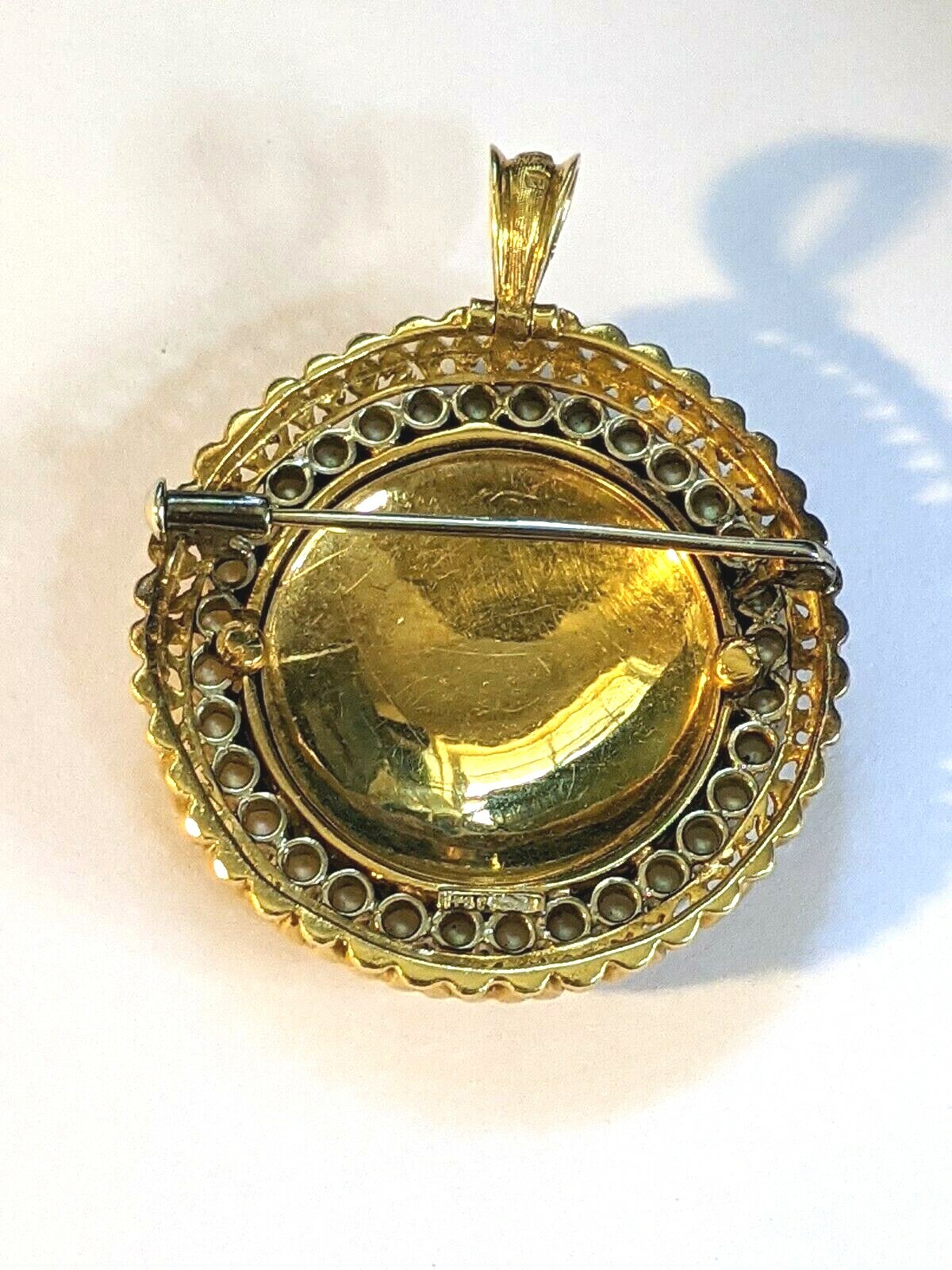 18K 750 Solid Yellow Gold Painted Roses w/ Pearls Brooch Pendant (16.45g) 1.25″