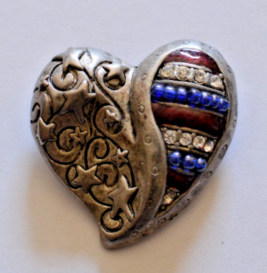 Signed Chico’s patriotic silver tone red white and blue heart brooch