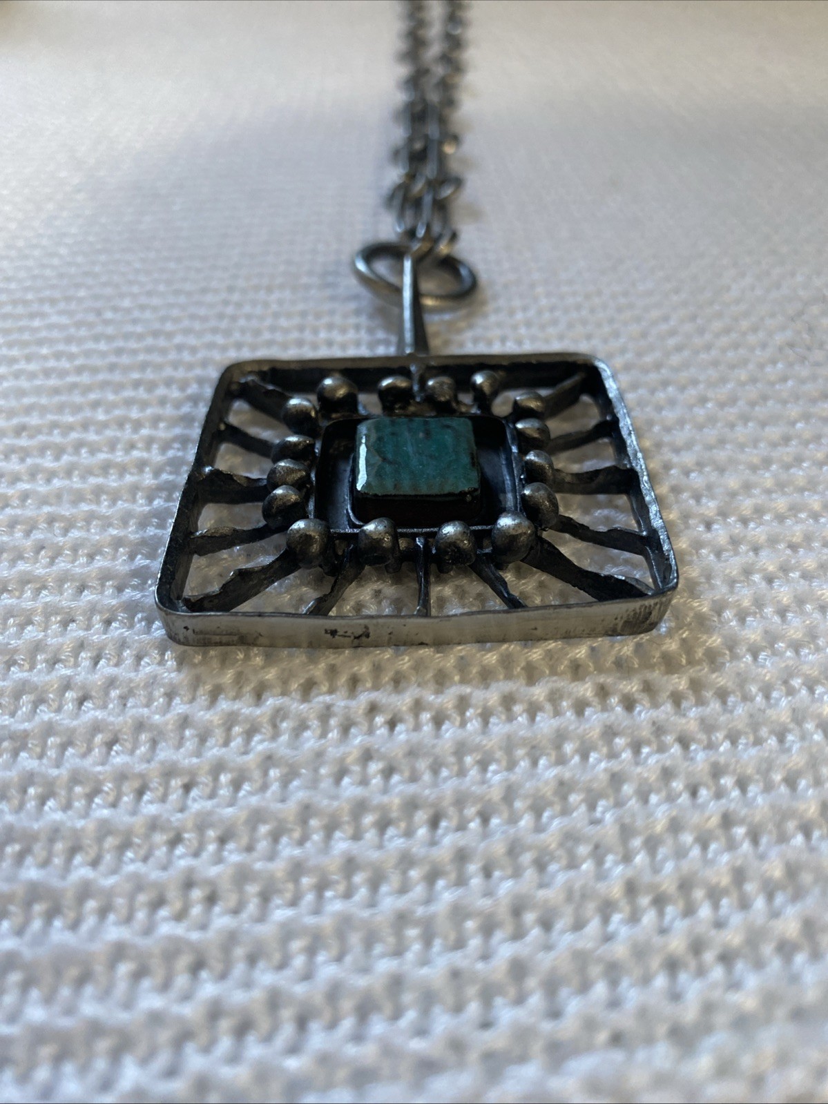 LYSGARGS DESIGN Mid-Century Modernist Pewter & Aqua Ceramic Pendant Necklace #56