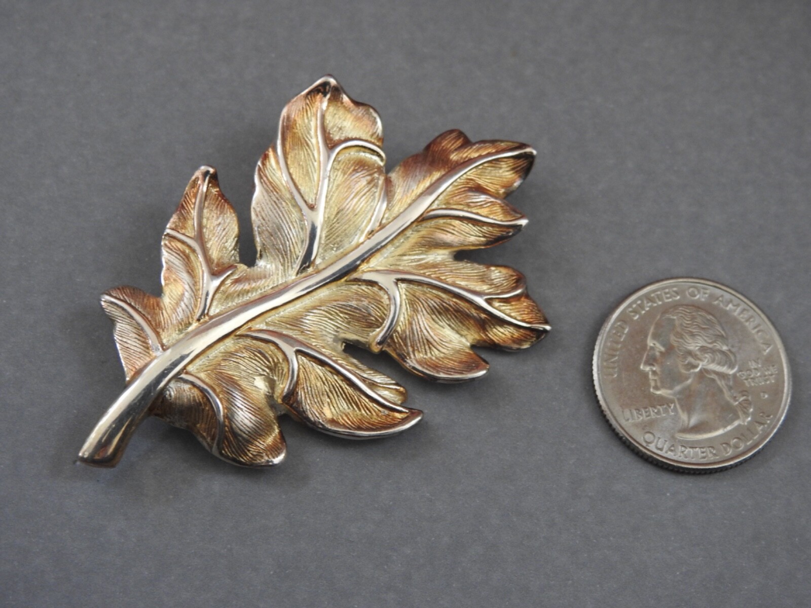 beautiful gold washed STERLING SILVER LEAF PIN heavy brooch