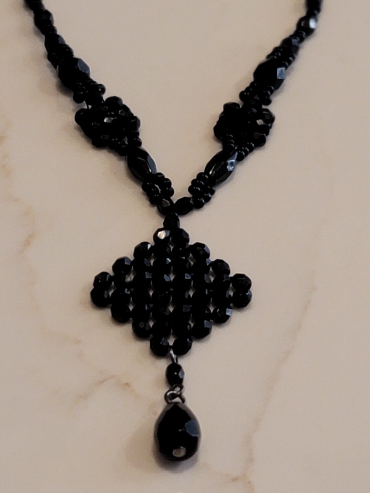 Vintage Black Faceted Bead Necklace Teardrop Pendant Gothic Formal 18″
