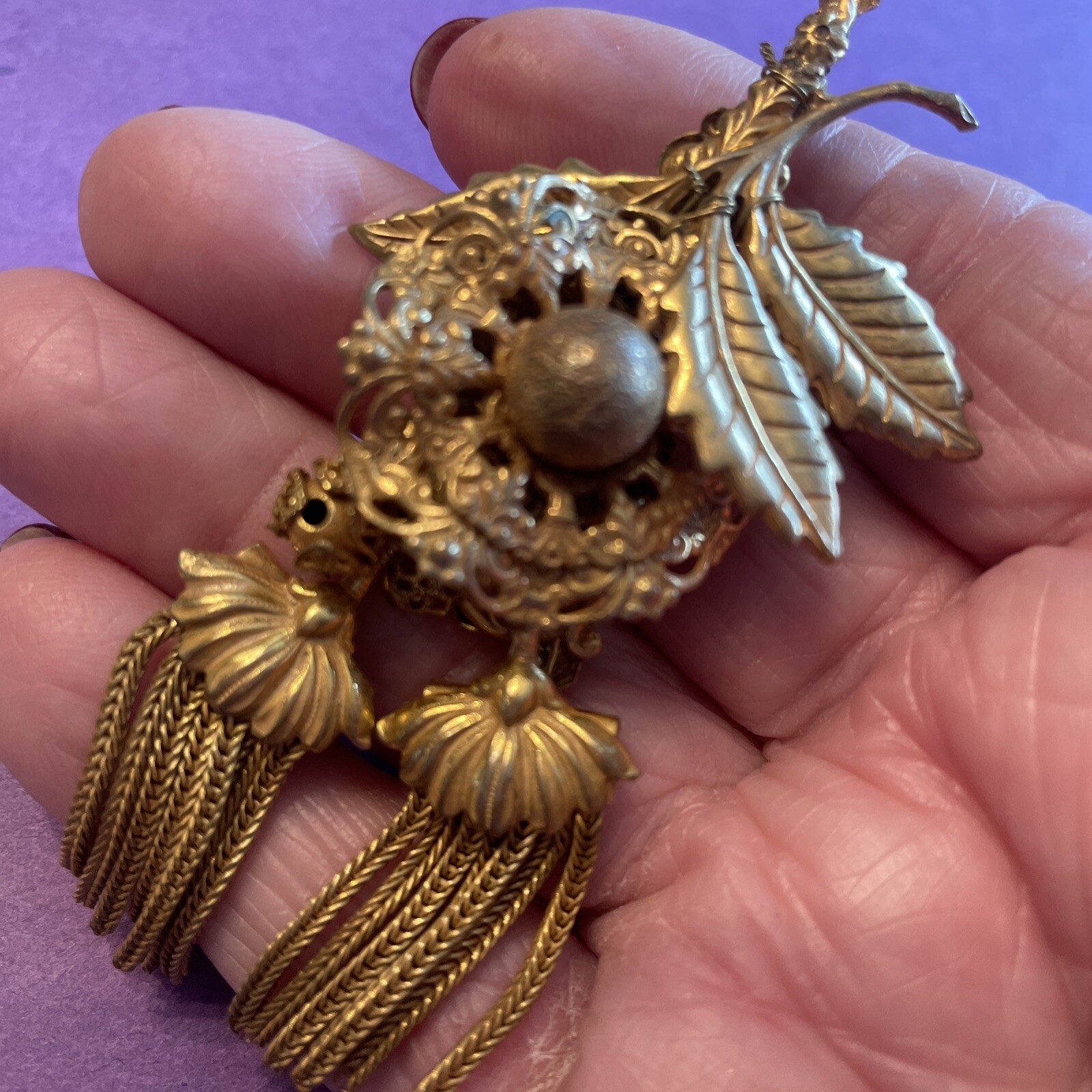 Vintage Signed Miriam Haskell Dangling Tassels GoldTone Brooch S04