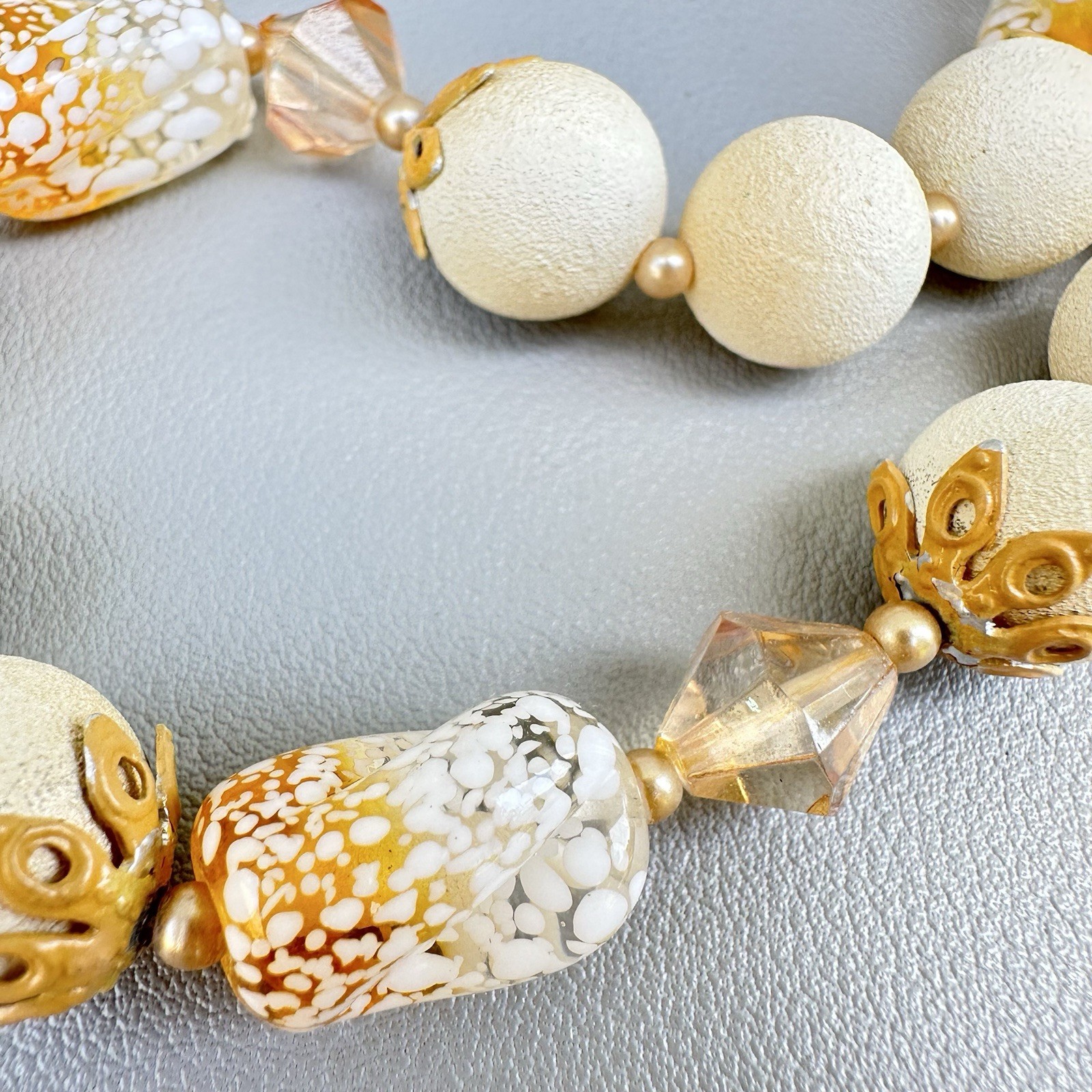 Vintage Japan Art Glass Necklace Beaded Amber White Splatter Frosted Speckle