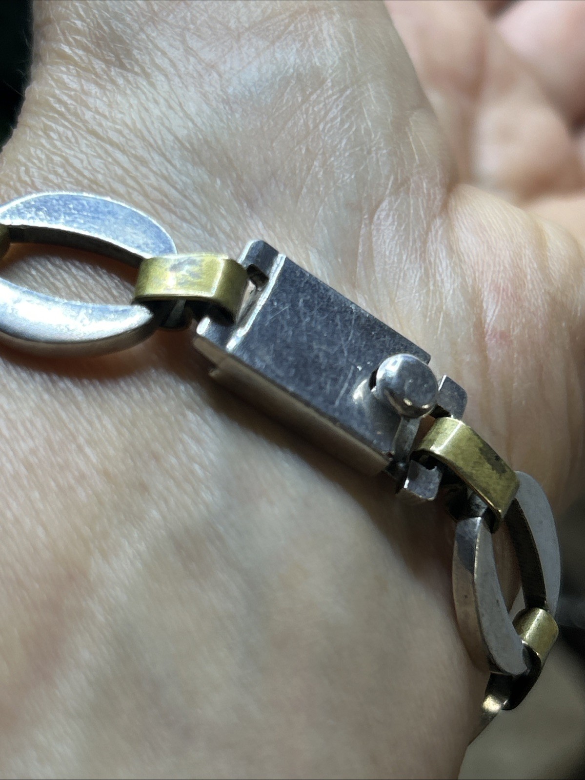 56. Taxco Sterling 925 Brass Accent Oval O Ring link Bracelet 34.3g, 7 1/2″ Mex