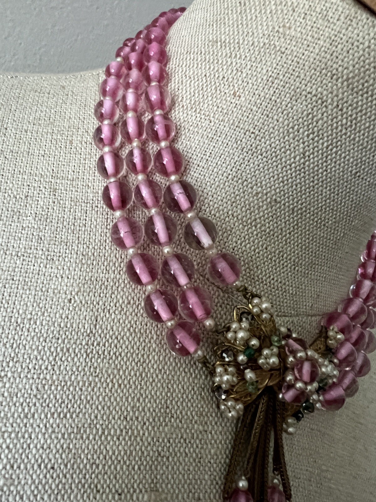 Early Miriam Haskell 3 Strand Pink Glass Festoon Necklace Faux Pearl Rose Monteé