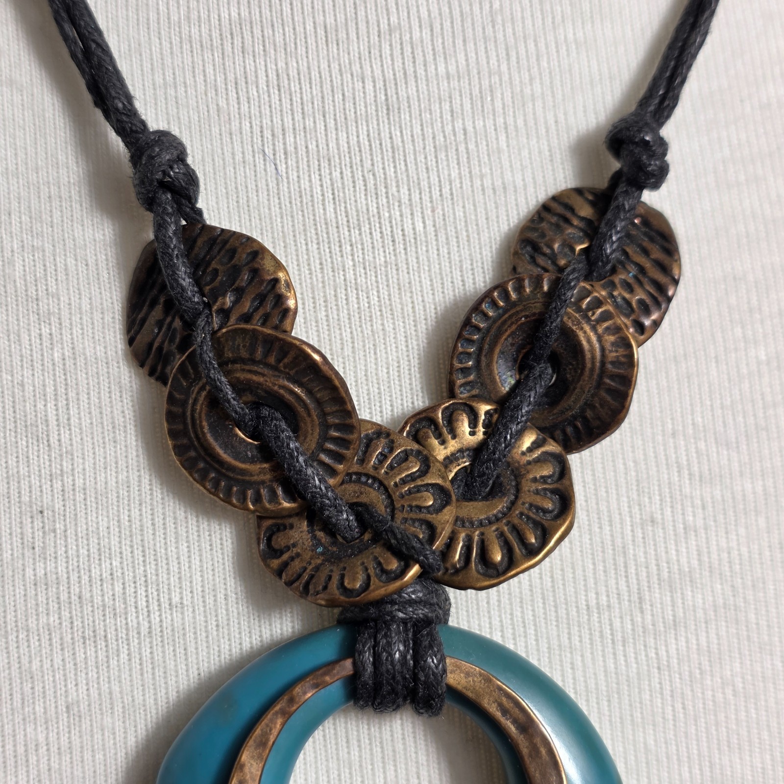 Coldwater Creek Multi-Layered Pendant Necklace Teal Resin Ring Bronze Discs