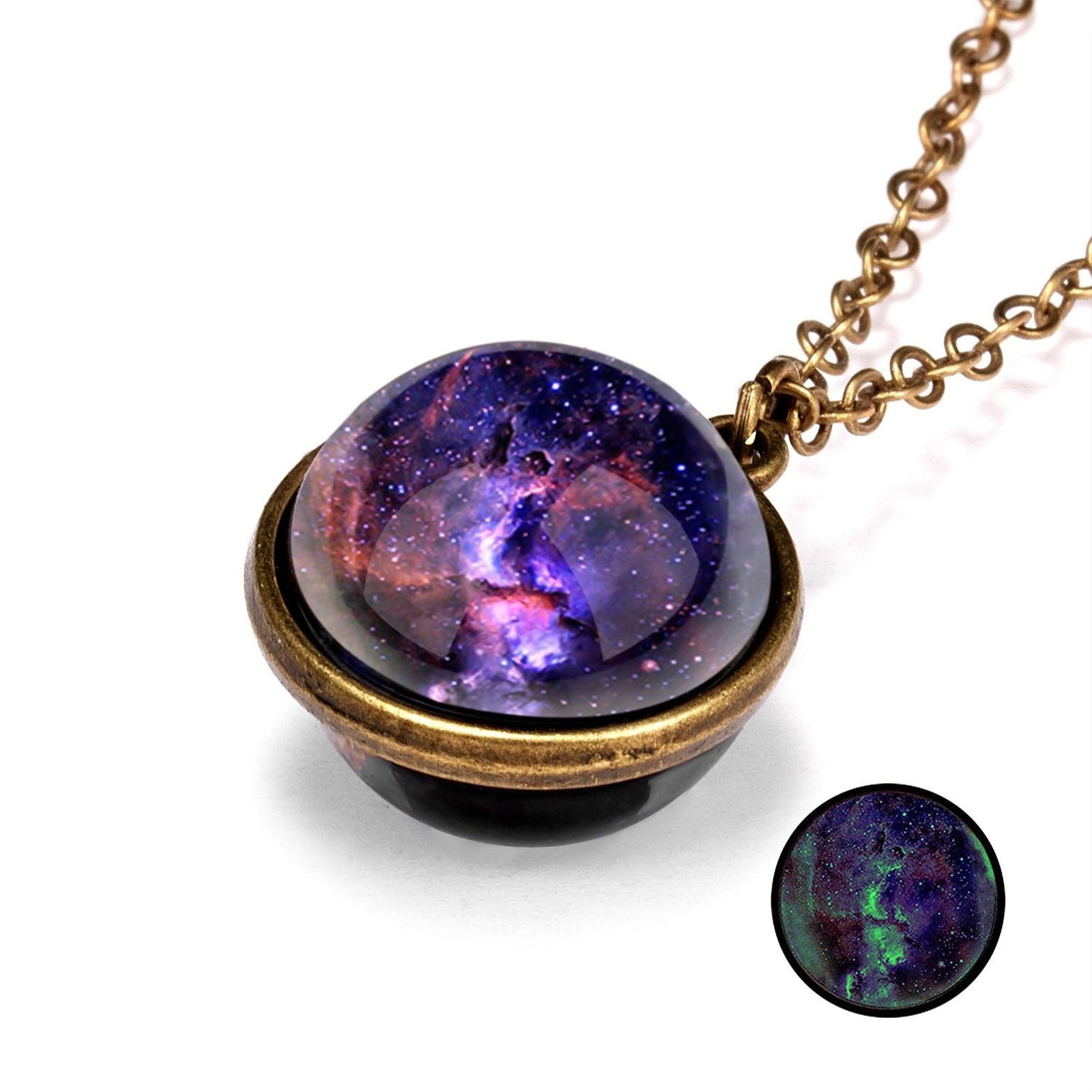 Double-Sided Galaxy Necklace – Glass Dome Pendant with Vintage Chain