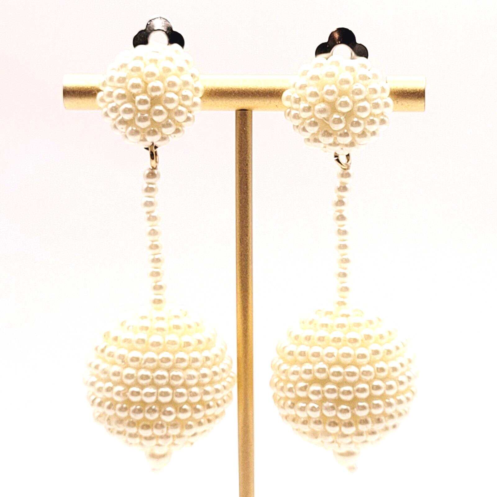 Unique Ball Drop Dangle with Faux Pearl Long Beaded Costume Clip On Earrings