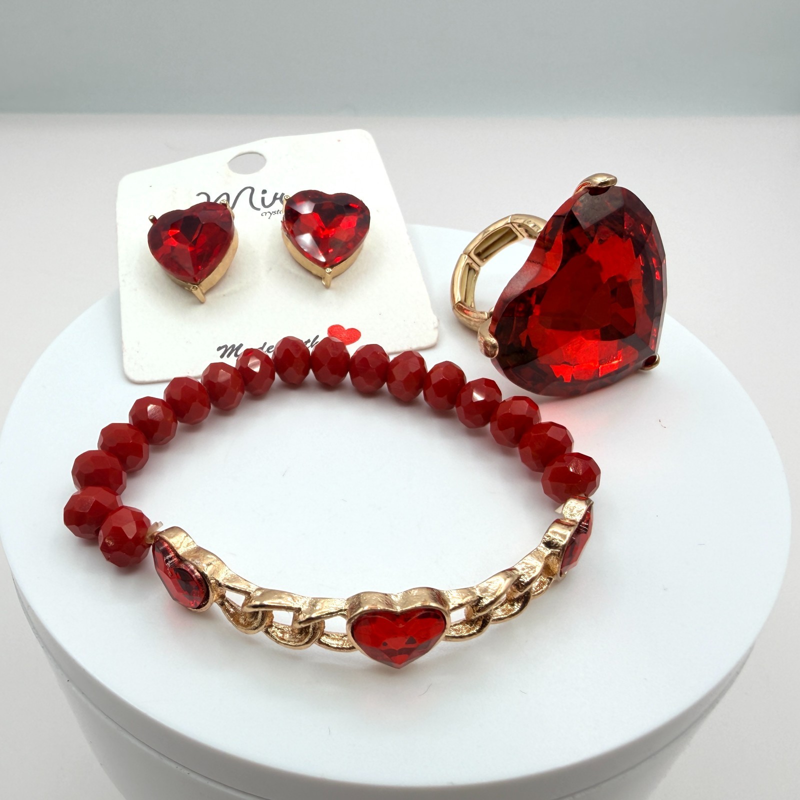 Vintage Gold Tone Red Crystal Heart Jewelry Set Ring Bracelet Post Stud Earrings