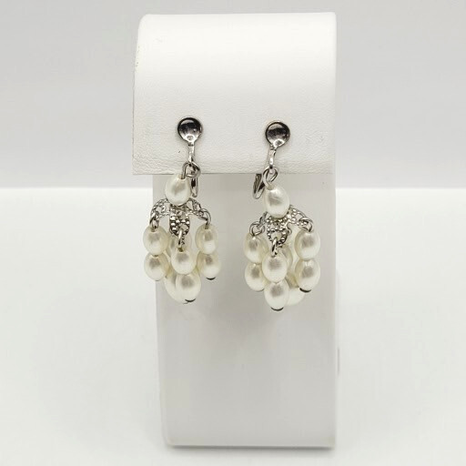 Faux Pearl Drop Dangle Cluster Silver Tone Clip On Fancy Vtg Costume Earrings