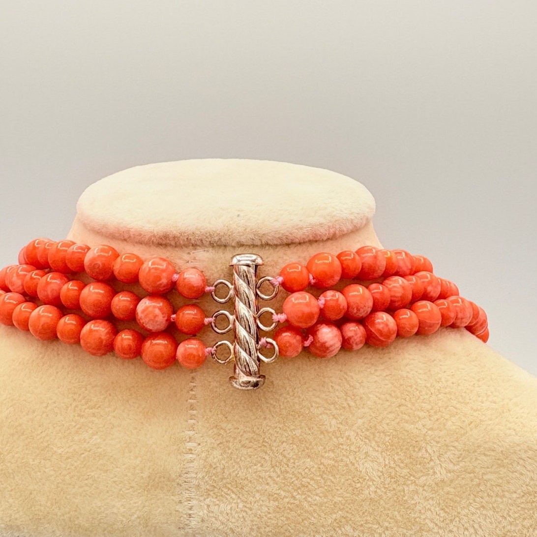 Vintage Genuine Salmon Coral Multi-strand Necklace with 925 Sterling Slide Clasp