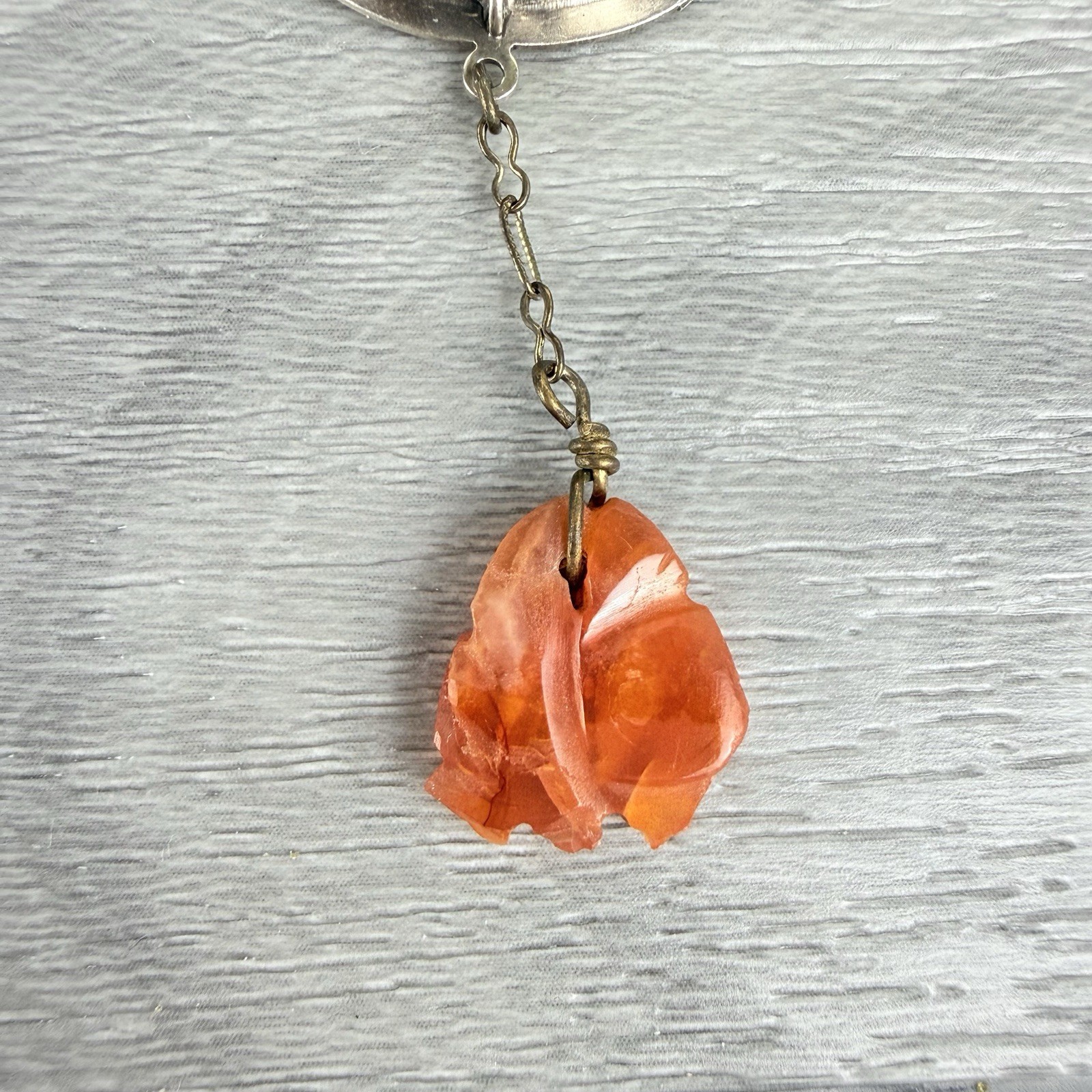 Antique Vintage Carved Carnelian Silver Pendant Necklace Art Deco