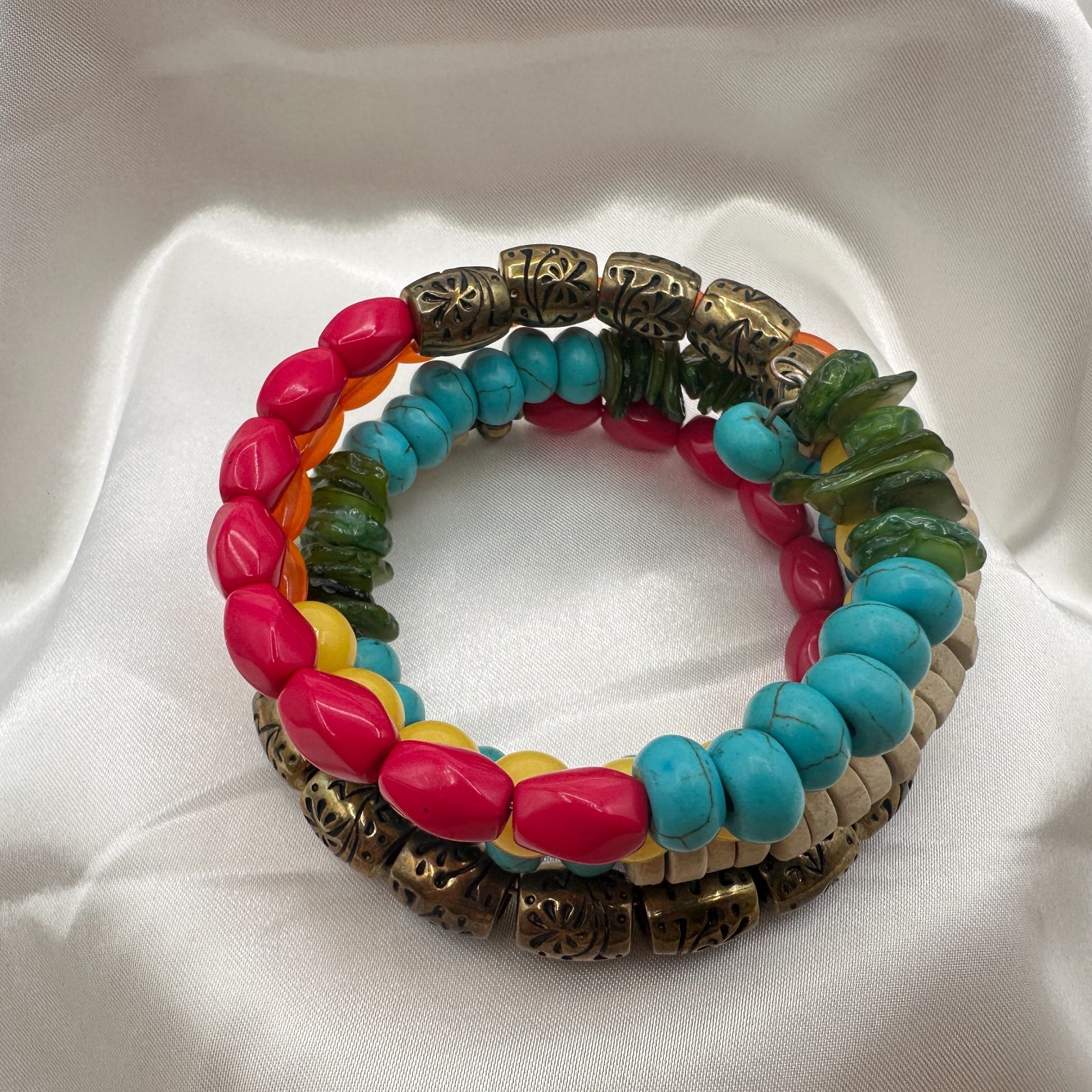 Vintage 90s Multi-Strand Wrap Bracelet Colorful Glass Wood Metal Bead Jewelry