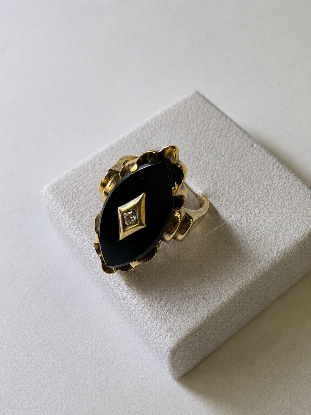 Vintage 10K Gold Black Onyx Diamond Ring Marquise Gothic Statement Estate 1940s