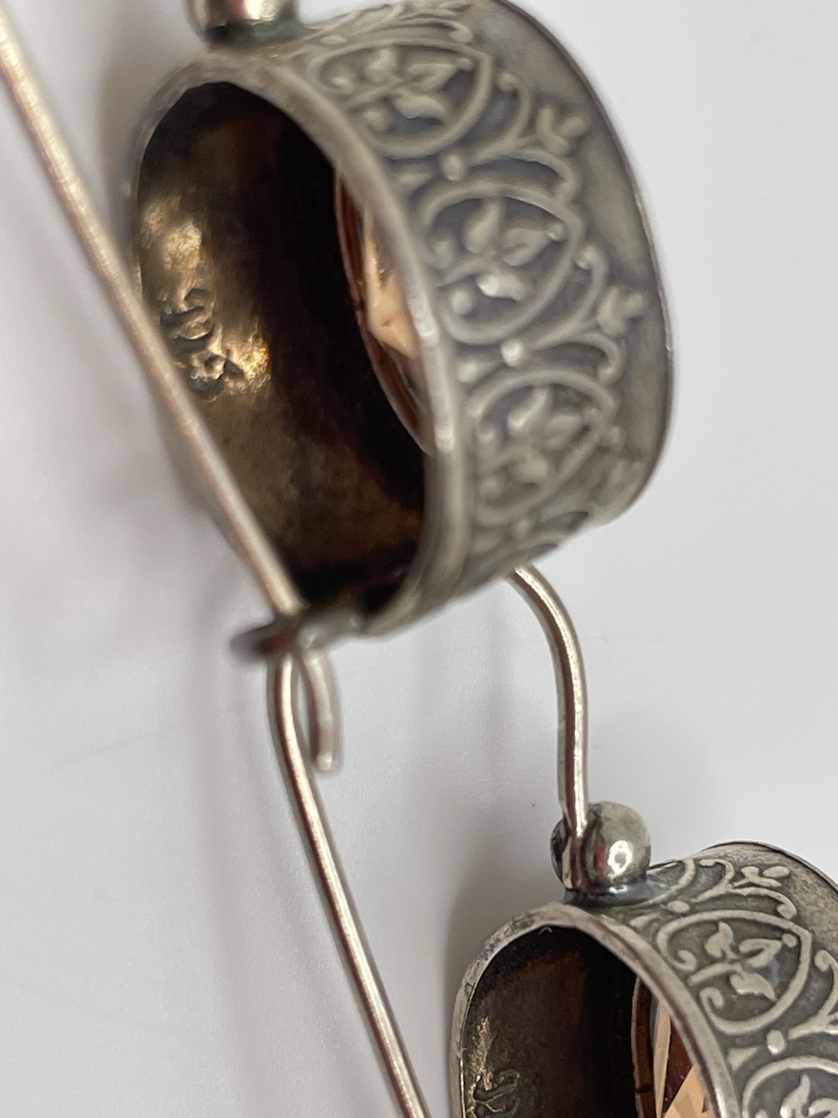 Vintage 925 Sterling Silver Dangle Drop Earrings Faceted Brownish Set Repousse