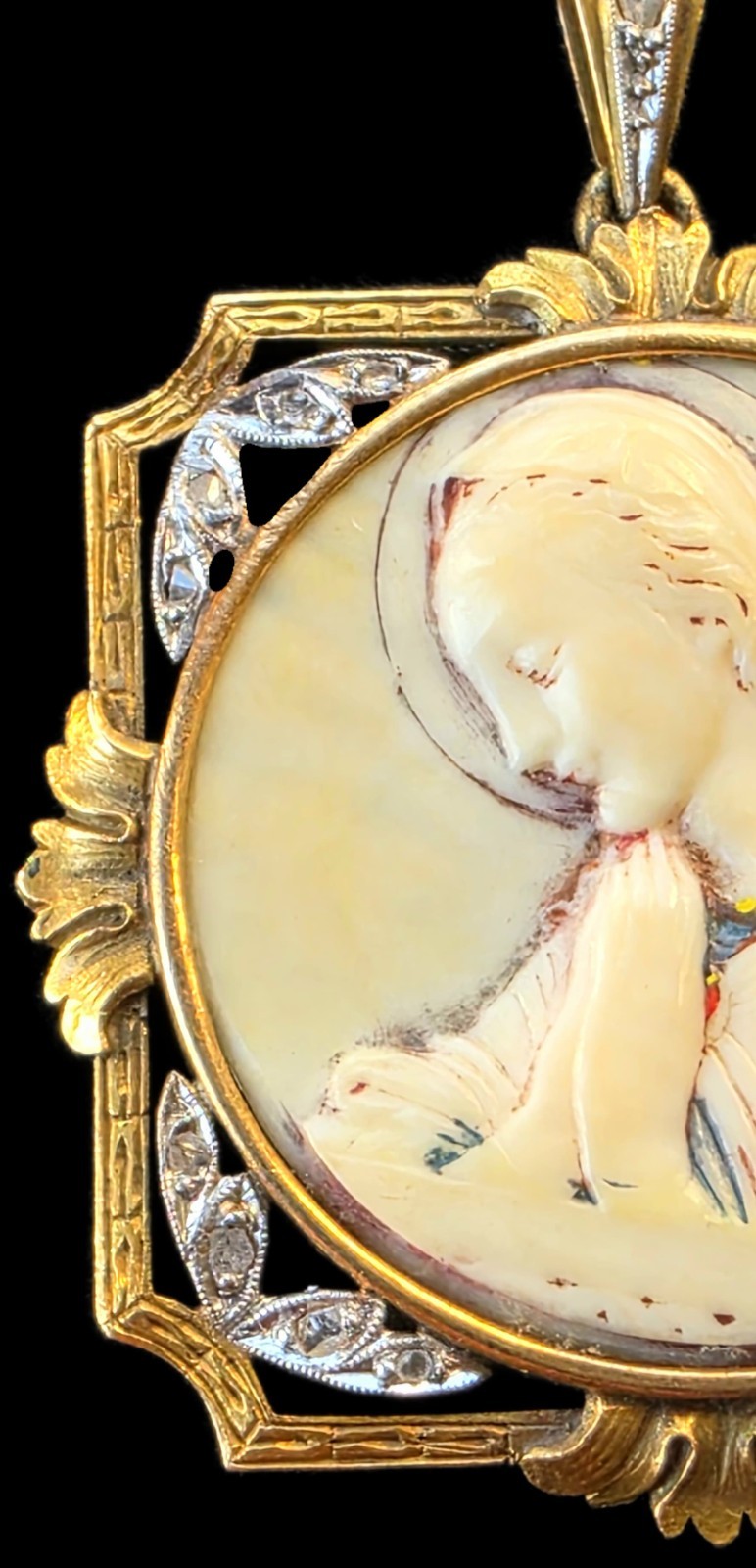 Antique Virgin Mary Medal Pendant 18k Gold Rose Cut Diamonds Catholic Art Deco
