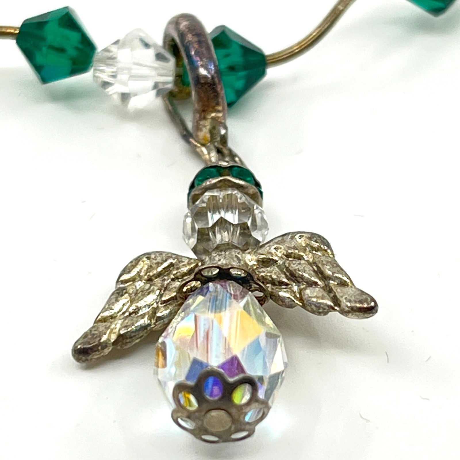 Vintage Classic Green & Iridescent Crystal Angel Pendant Necklace Toggle Clasp