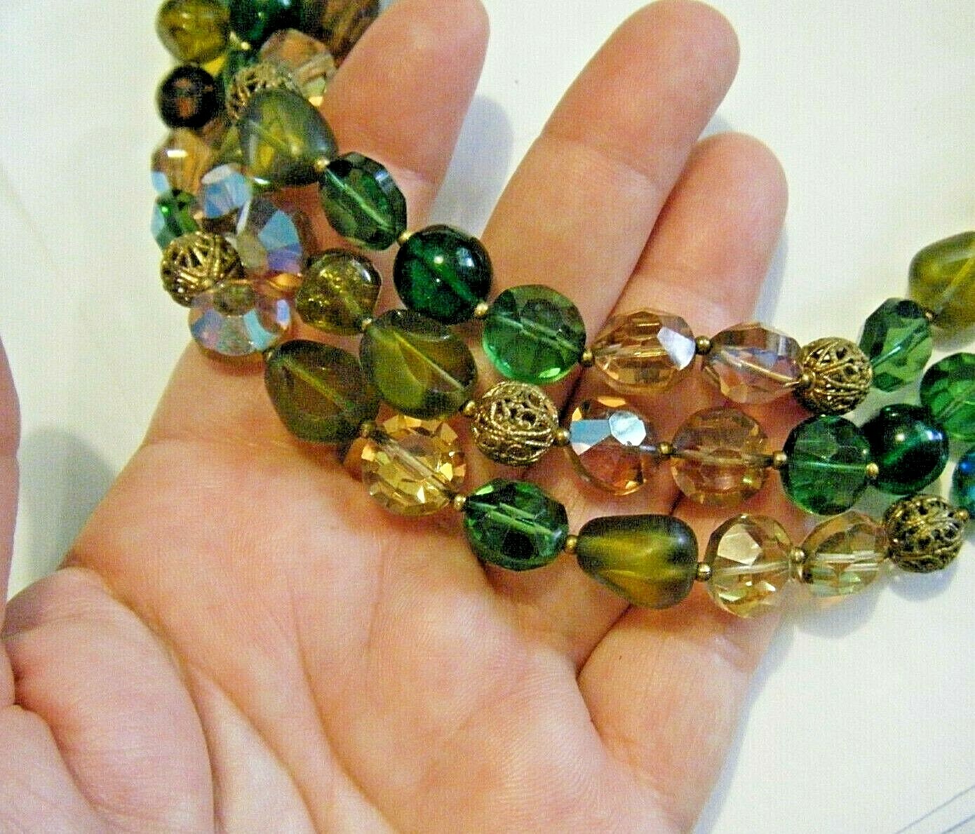 Vintage 1950s Triple Strand Collar Necklace AB Crystal Brass Filigree Art Glass