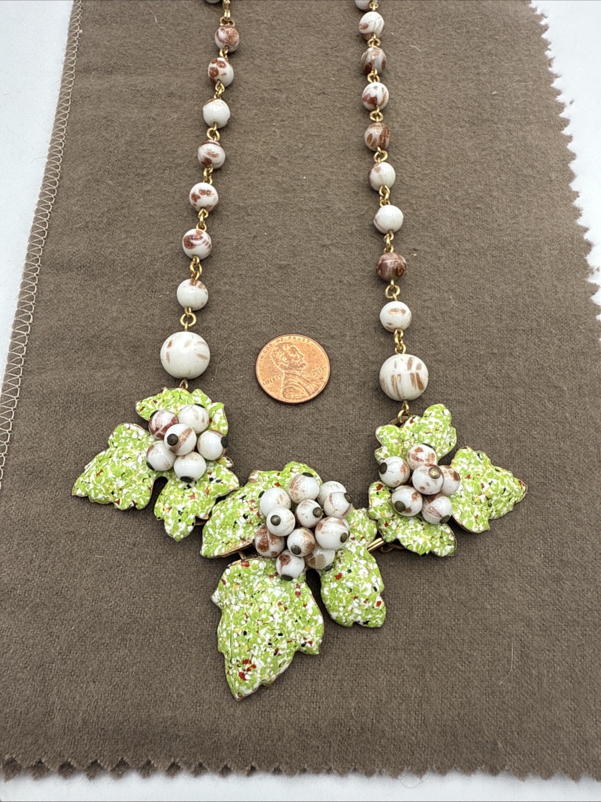 Vintage Metal Leaf Beaded Statement Necklace White Green