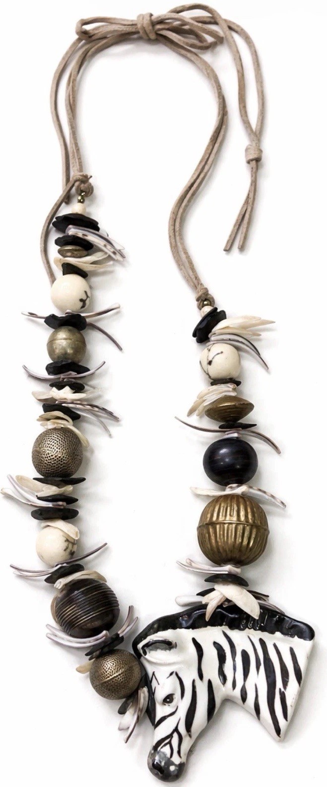 Boho Tribal Zebra Necklace Safari Statement Beaded Suede Cord Adjustable Chunky