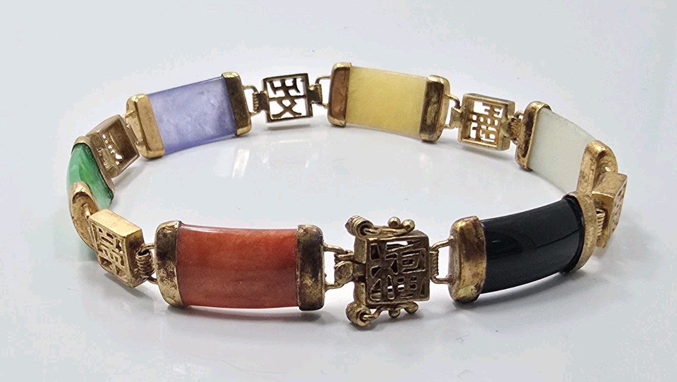 Beautiful Vintage Sterling Silver 925 Gold Wash Multi Color Jade Ladies Bracelet