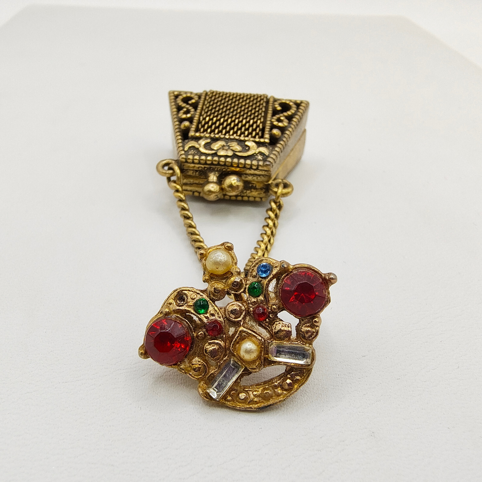 Vintage Purse Pill Box Brooch Pin Gold Tone Chatelaine Multicolor Rhinestone