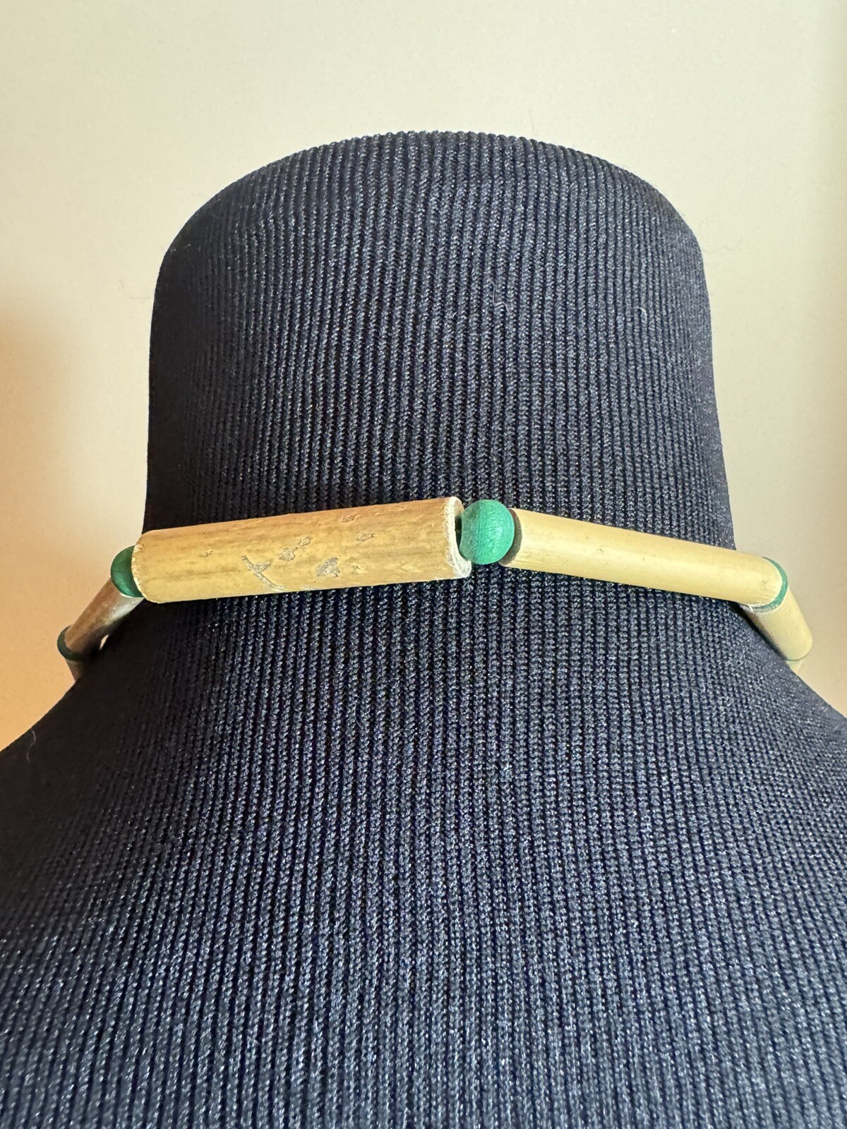VTG 80s Bamboo Wood Beaded Necklace 32″ Green Brown Tubular Boho Tribal Earthy