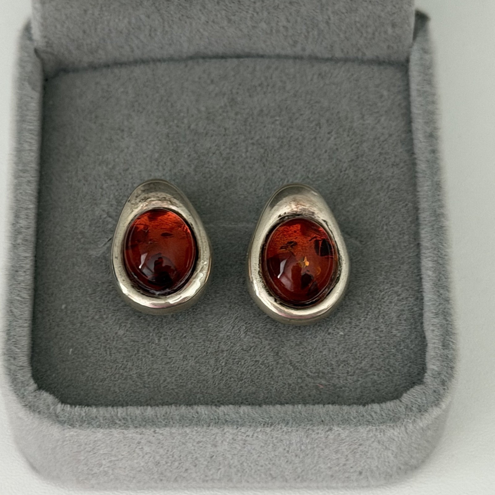 Vintage 925 Sterling Silver Natural Baltic Amber Cabochon Pear Post Earrings
