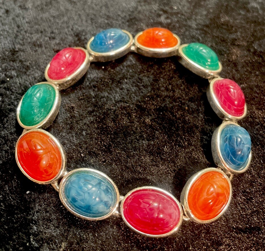 Vintage Scarab Bracelet Multicolor Silver Tone Magnetic buckle 7 Inch