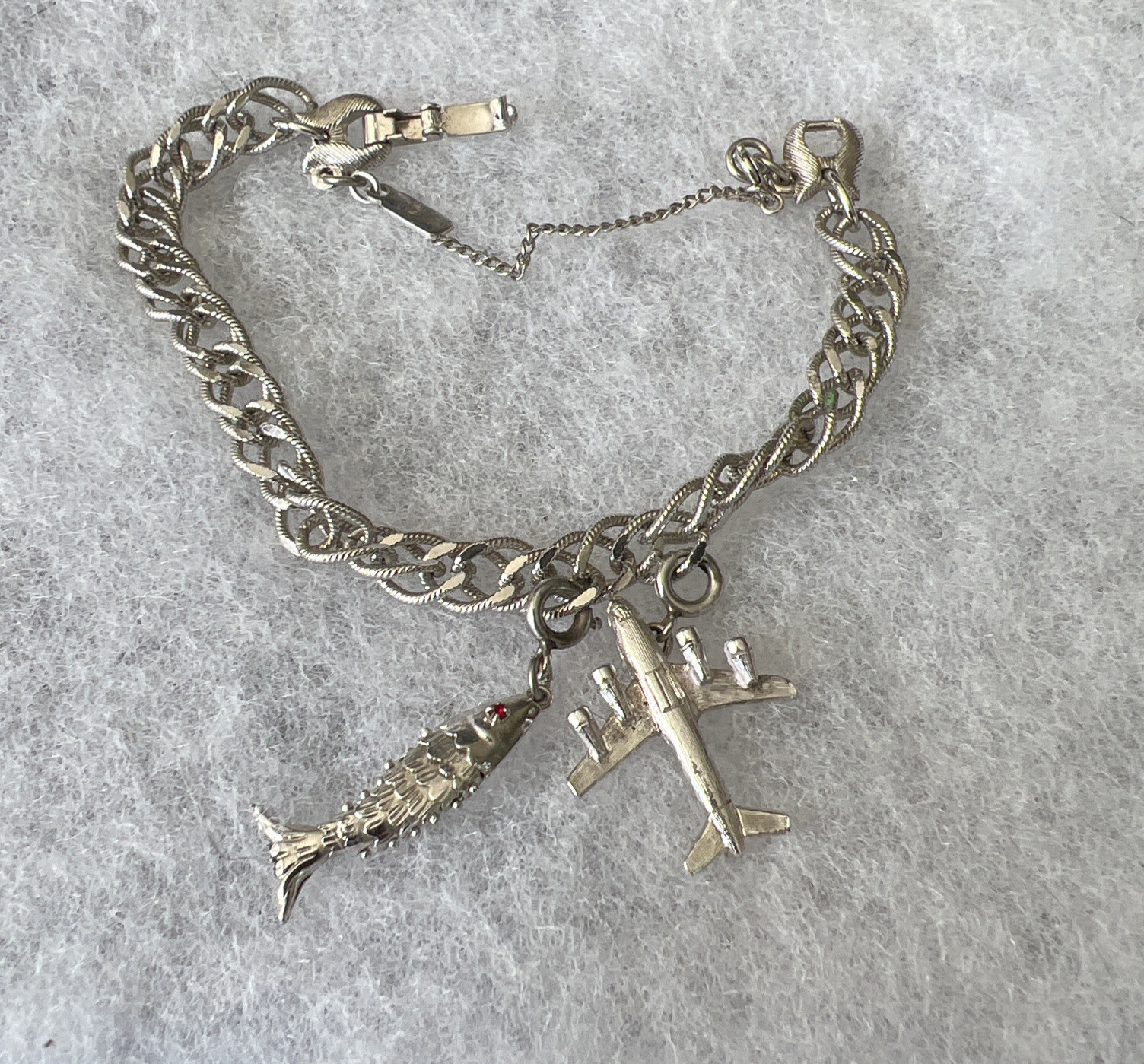 Vintage Silvertone Monet Starter Charm Bracelet Two Charms Airplane Fish 7″