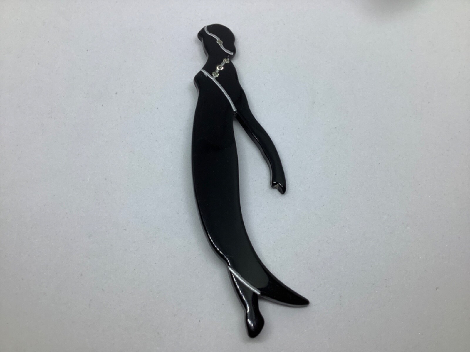 Vintage Lucite Brooch Pin Flapper Lady Black Clear Rhinestones Large 4 inch