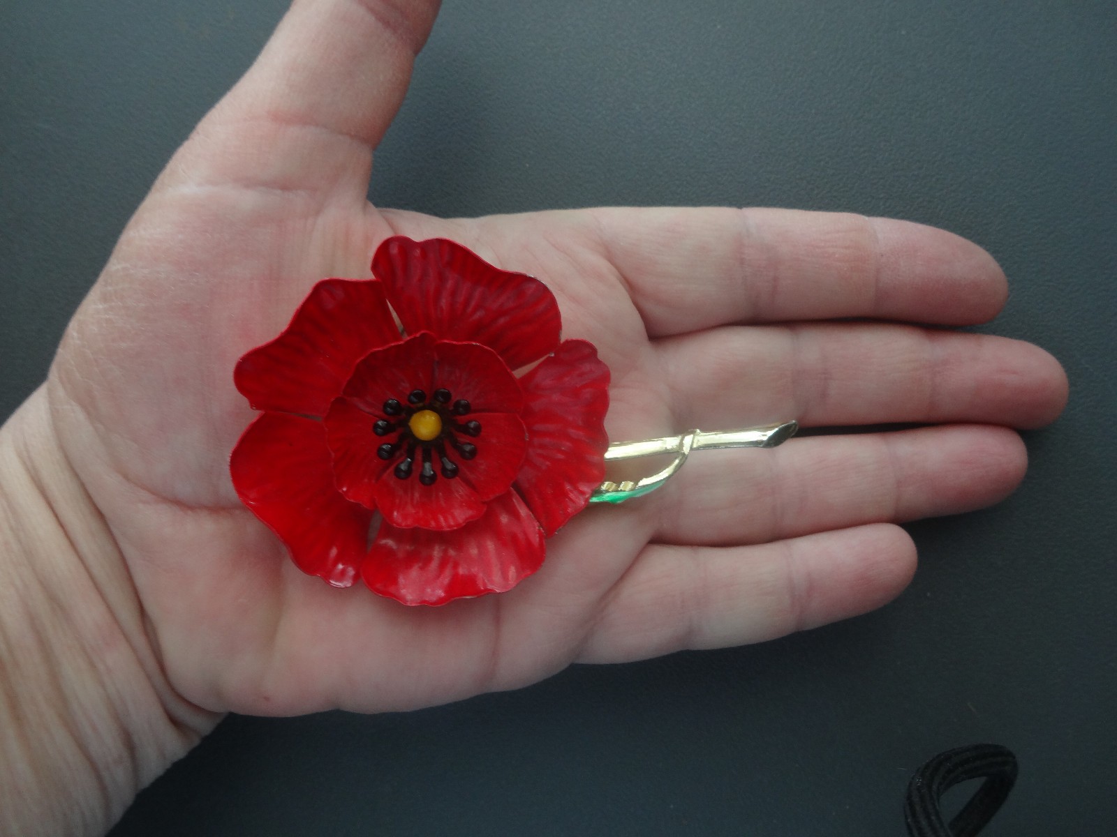 Vintage Enamel Red Poppy Flower Brooch Pin Large Red & Green Extremely Rare