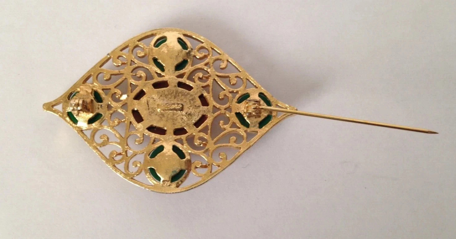 Vintage CORO Signed Red Green Cabochon Gold Tone Brooch Pin