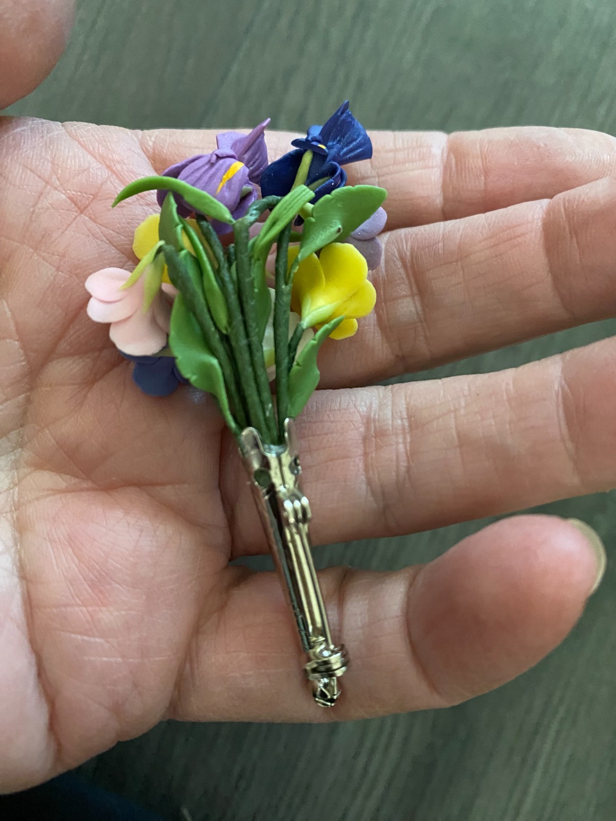 Vintage Celluloid/Hard Plastic Pansy & Iris Bouquet in Vase Flower Brooch Pin