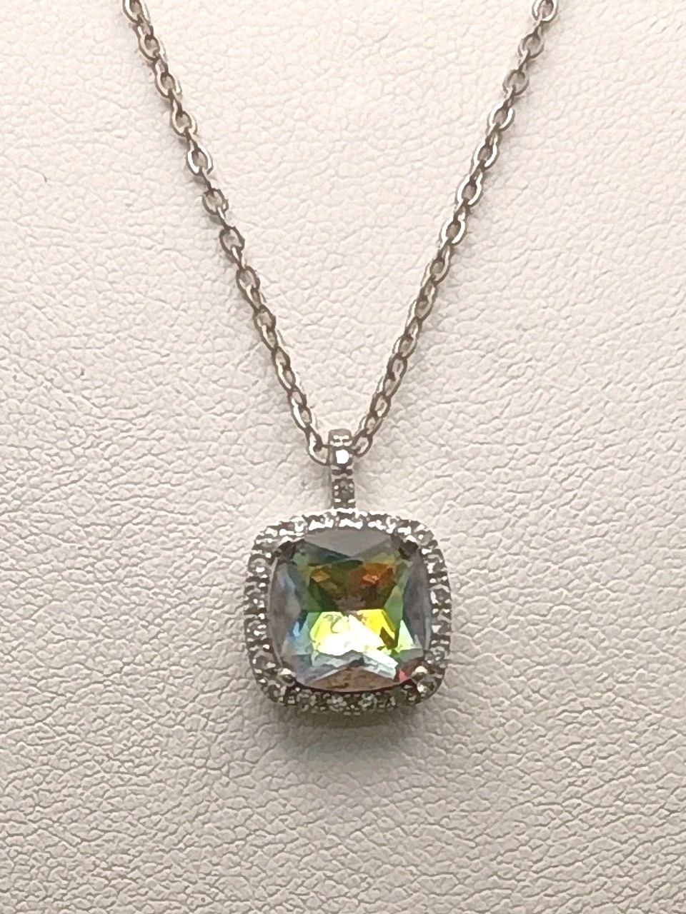Rhinestone Pendant Necklace Mystic Margarita Multicolor Silver Tone Chain 19″
