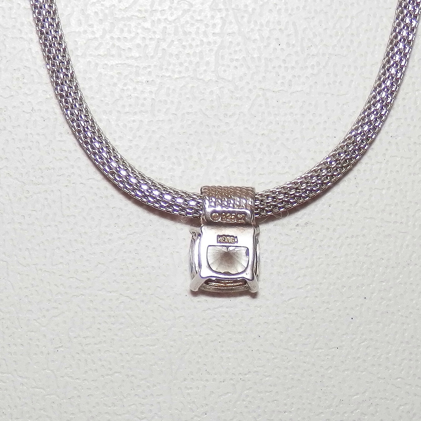 Sterling Silver 925 Mesh Chain White CZ Gem Pendant Necklace 15.5 – 17.5 In Long