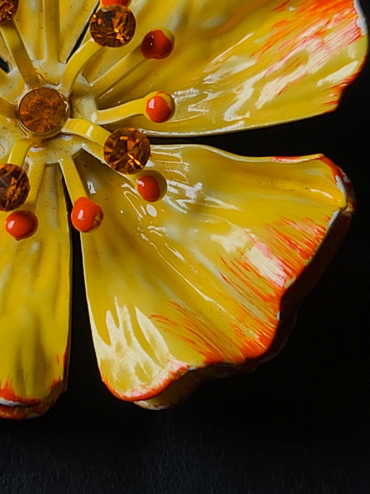 Vintage Yellow Enamel Poppy Flower Power Brooch Pin Hippie MCM Glows Under UV