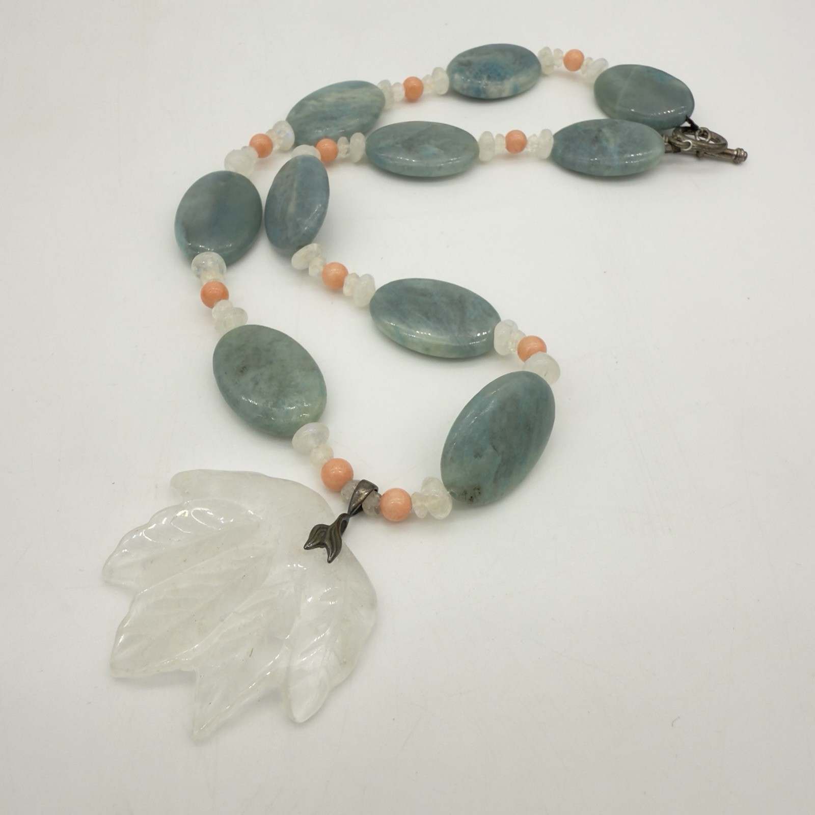 Vtg Sterling Carved Rock Crystal Necklace Angel Skin Coral Moonstone WOW