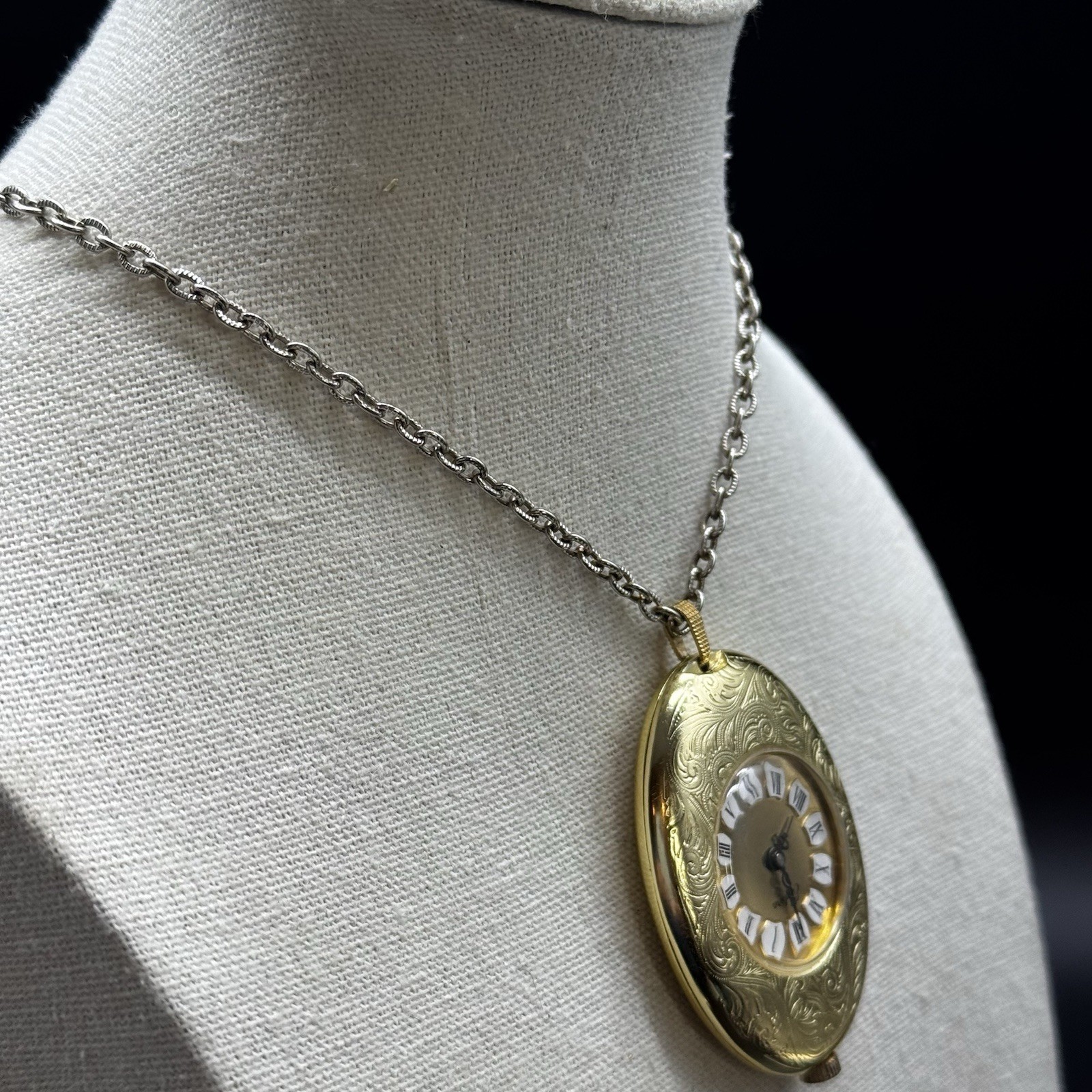 Vintage Endura Oval Pendant Watch Necklace Gold-Tone Engraved Roman Numerals