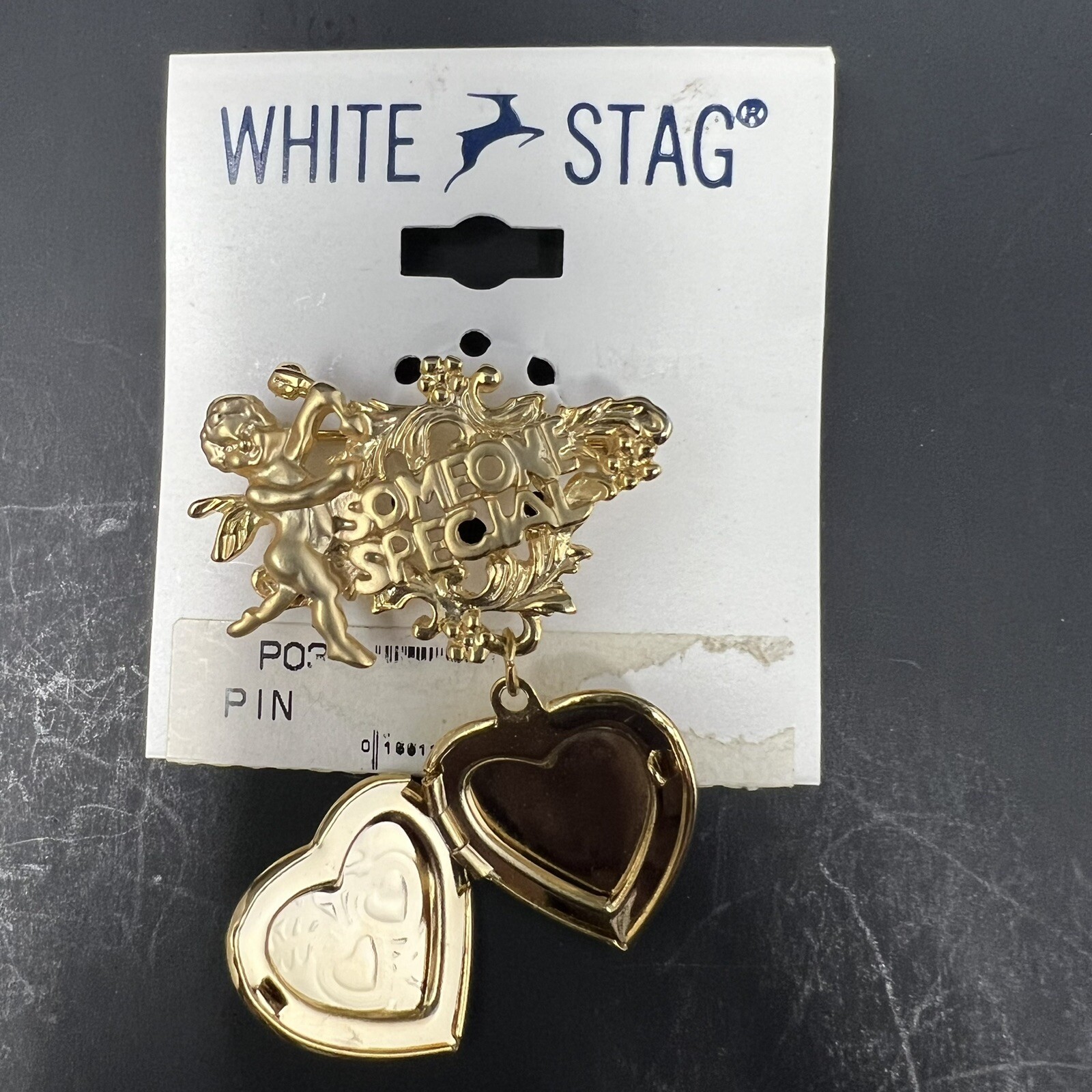 White Stag Pin with Heart Locket Gold Tone Cupid Someone Special