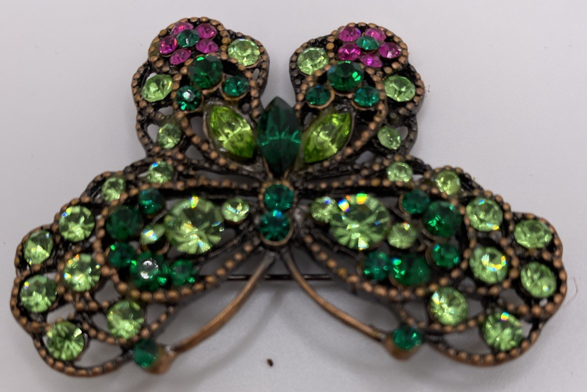 Butterfly Brooch Pin With Green and Pink Rhinestones Vintage