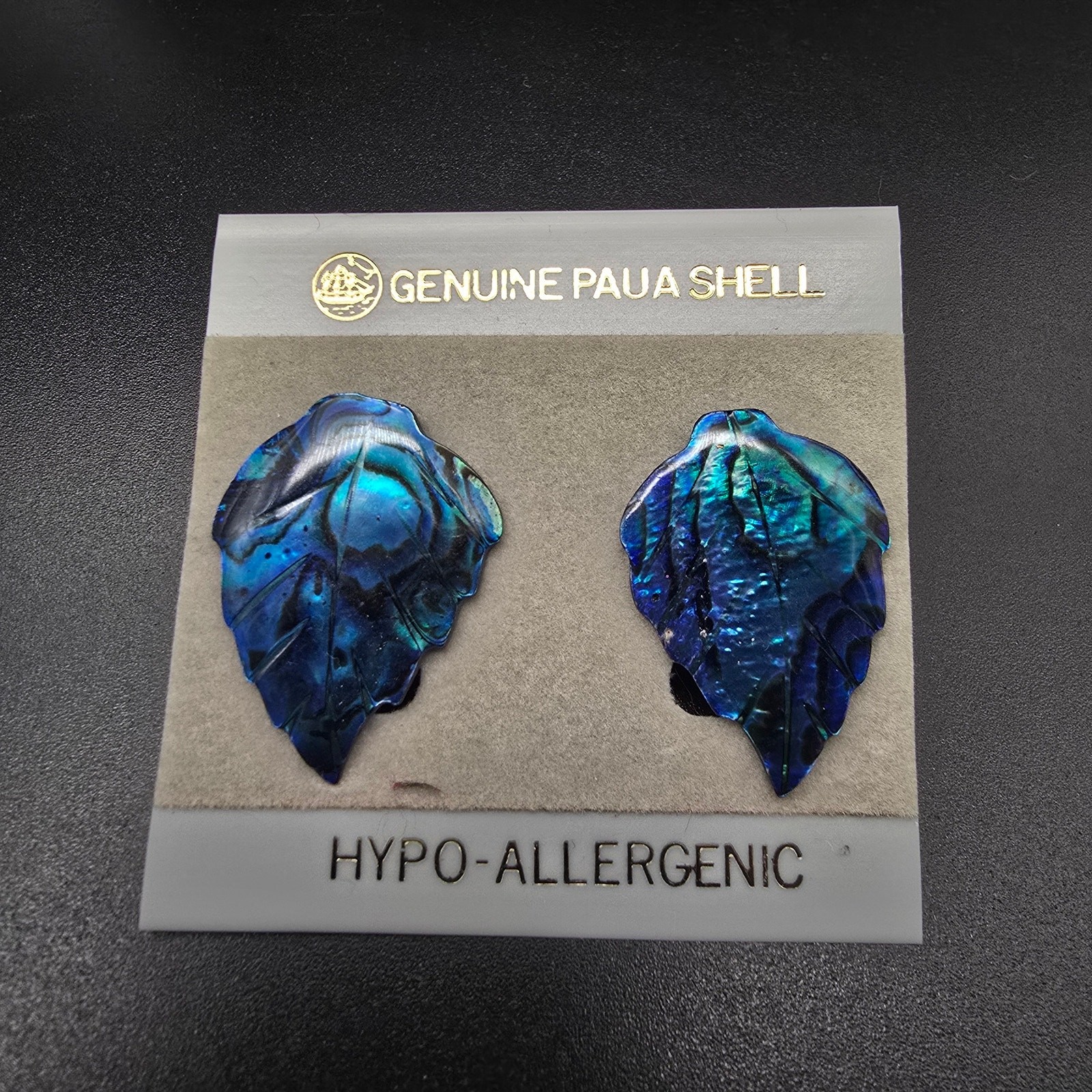 Blue Carved Leaf Paua Shell Earrings Pierced Post On Card