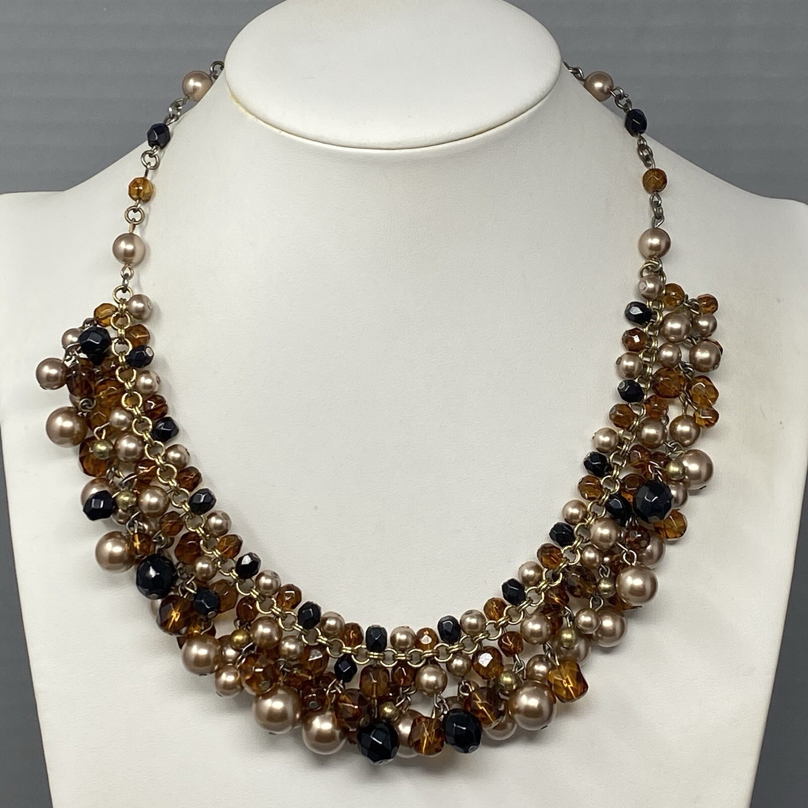 Talbots Fringe Necklace Multicolor Glass Beads Cha Cha Statement Bib Vintage 19″
