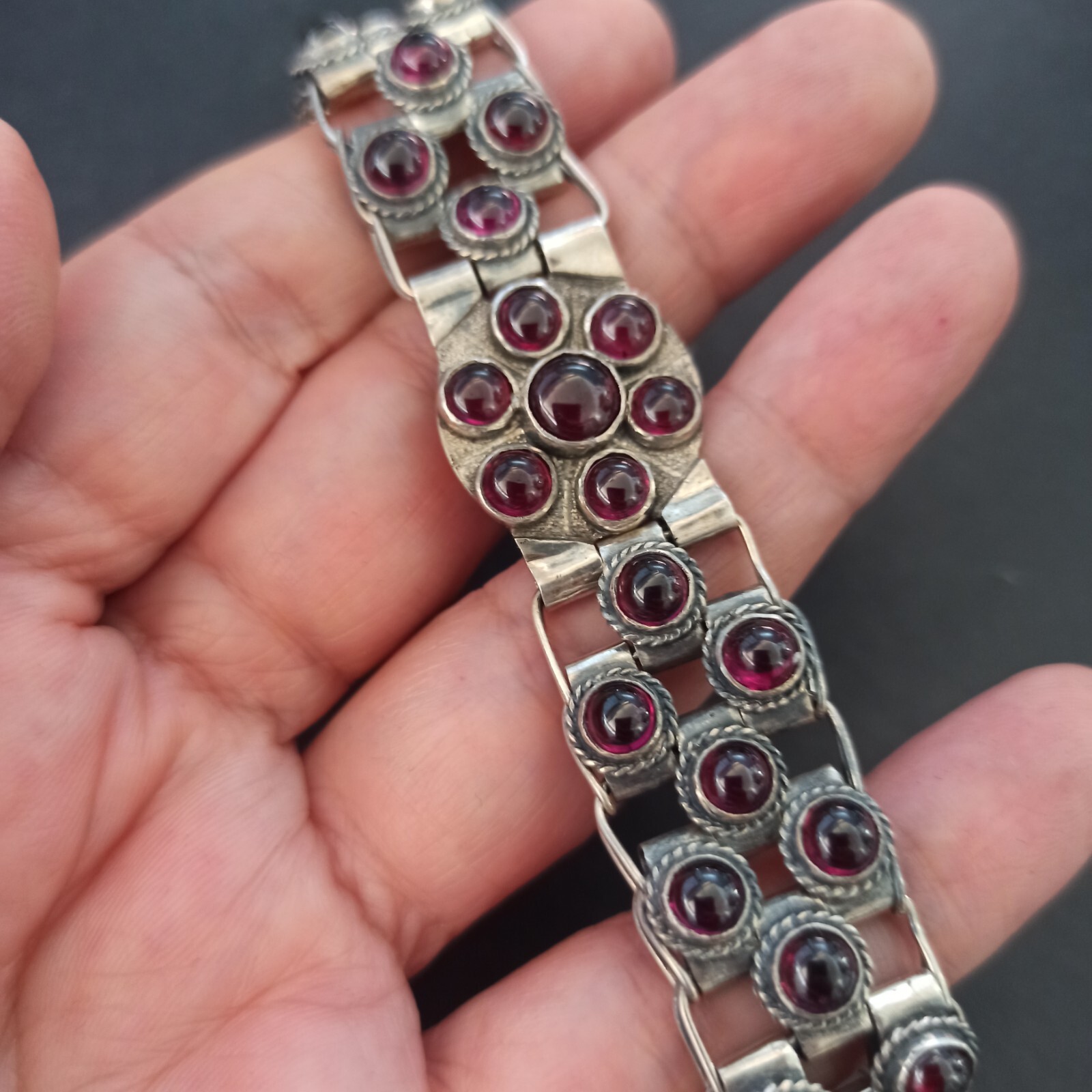 Vintage Garnet Bracelet 925 Silver Wide Statement Artisan GI OOAK Ethnic Boho