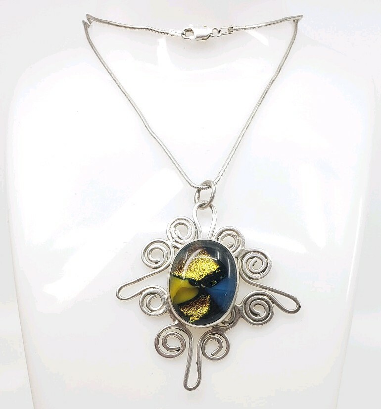 Fine Vintage Sterling Silver Foil Art Glass Abstract Modernist Necklace Murano?