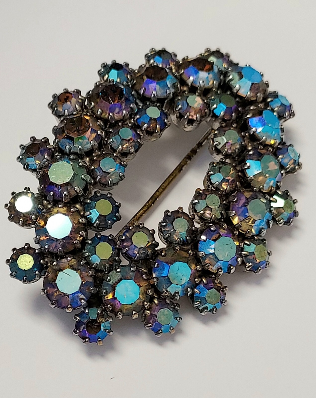 Vintage Aurora Borealis Rhinestone Brooch Pin AB Glass Cluster Prong Set