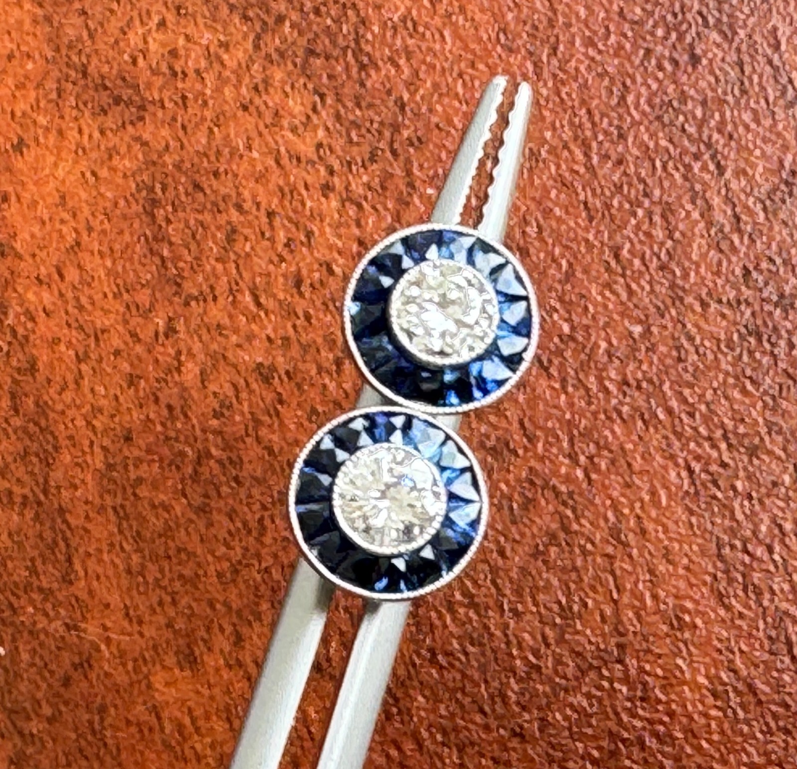 ART DECO STYLE .55 ctw DIAMOND w/ SAPPHIRE HALO PLATINUM EVERYDAY STUD EARRINGS